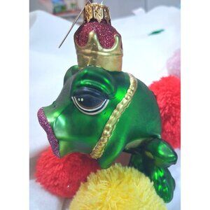 Handcrafted Glass Frog Prince Ornament With Glitter Crown & Details